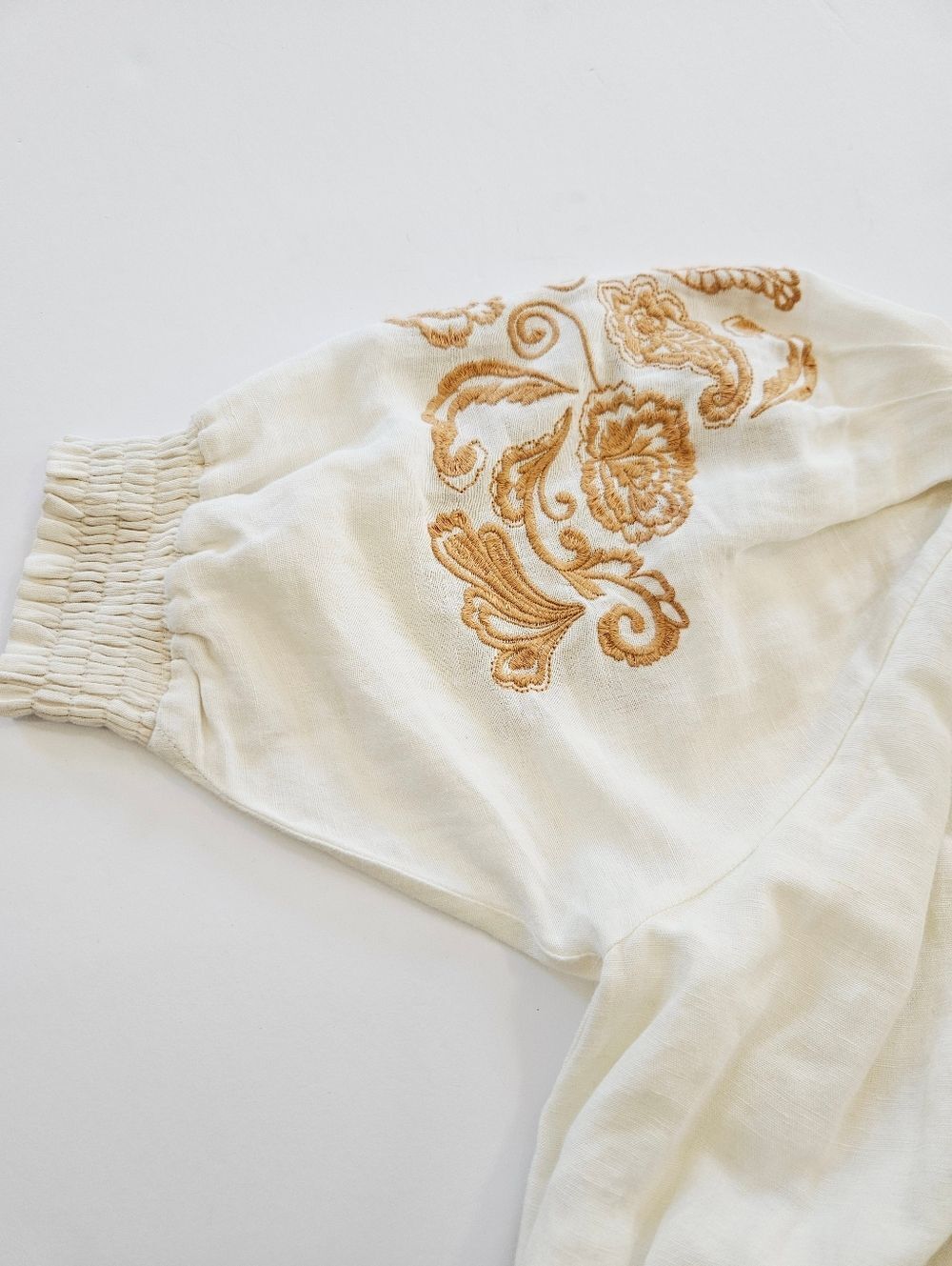 Cartolina Lizette Linen Blend Embroidered Belted Puff Sleeve Ivory Midi Dress M - Picture 14 of 16